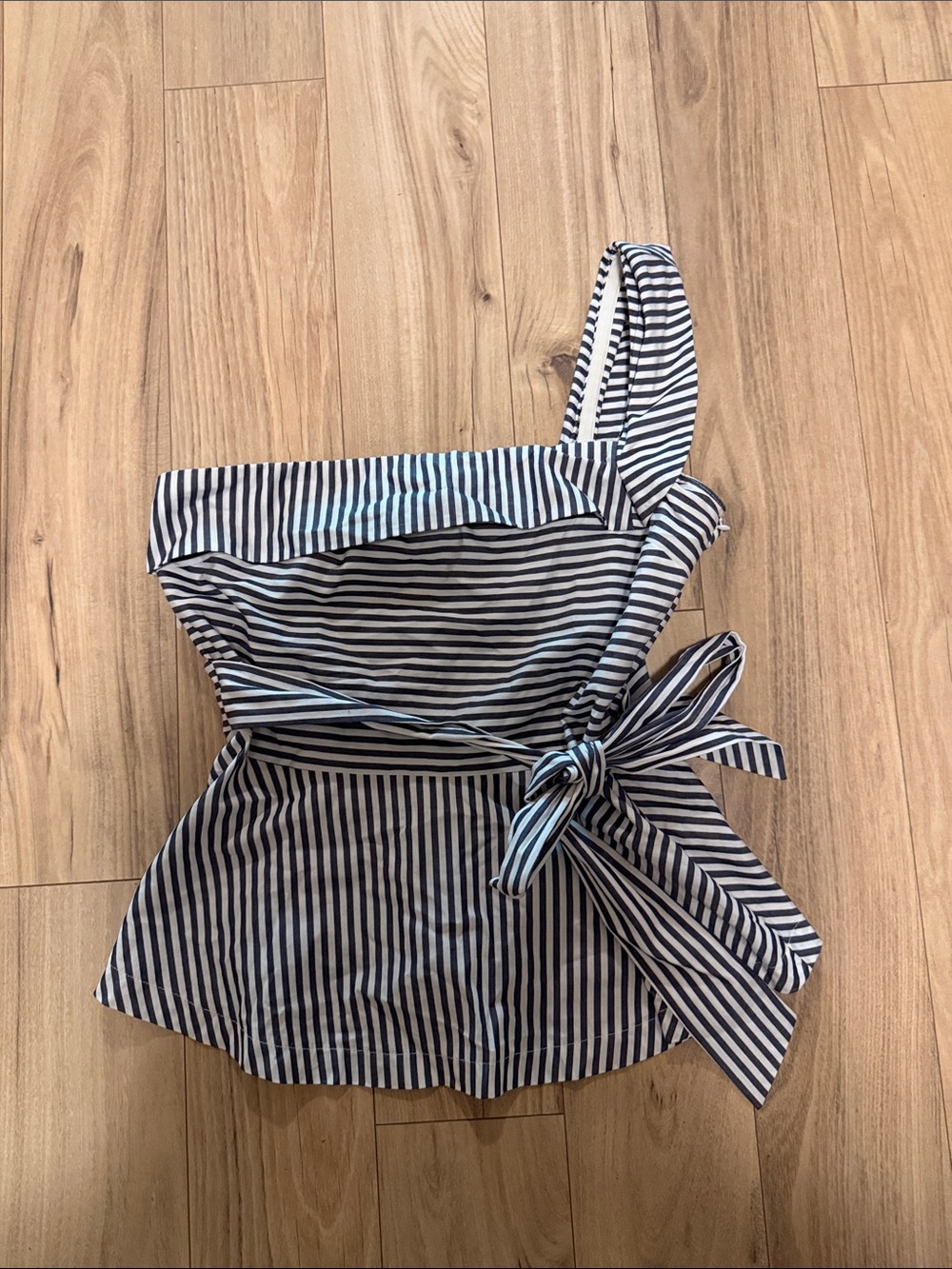 Saks Fifth Avenue Navy and White Striped One-Shoulder Tie-Waist Top